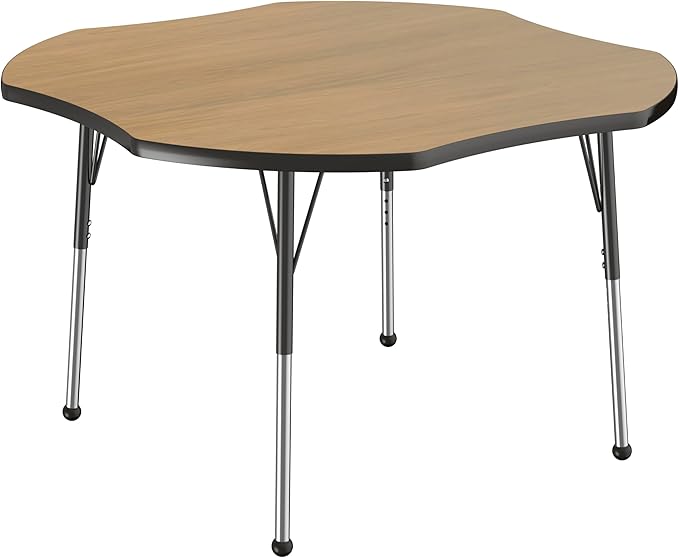 FDP Clover (48 x 48 inch) Collaborative Classroom Table with Adjustable Standard Ball Glide Legs (19-30 in) School and Office Furniture - Pasadena Oak Top/Black Edge and Legs