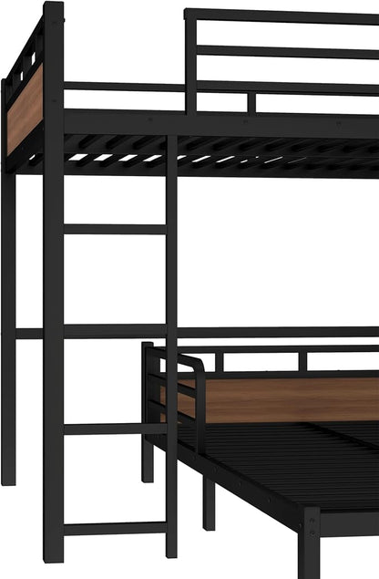 Full Over Full Metal Bunk Bed, Heavy Duty Convertible Bunk Bed Frame with Headboard & Full Guardrails, Can Be Split into Two Platform Beds or Loft Bed,Walnut