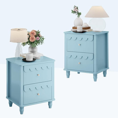 Anbuy Blue Nightstand Set of 2 with Petal Pattern, Modern Night Stand Set 2 with 2 Drawers for Bedroom, Side End Table Scalloped Bedside Night Tables with Solid Wood Legs
