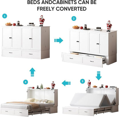 CECER Queen Murphy Bed with Mattress，Space Saving and Easy Assemble-White | Built-in Multi-Port Charging Station ＆ Large Storage Drawer，Sturdy frame ＆ Easy to Move Track