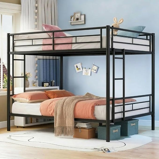 EMKK Metal Bunk Bed Full Over Full Bunkbeds,Full Size Bunk Bed with Safety Guardrail & Ladders,Space-Saving Design for Dorm,Guest Room,Heavy Duty Metal Slats, Noise Free,No Box Spring Needed,Black