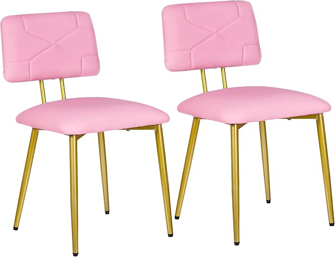 VECELO Dining Chairs Set of 2, Modern Upholstered Kitchen Chairs with Faux Leather Cushion Seat & Metal Legs for Kitchen, Living Room, Tufted Backrest Design, Pink