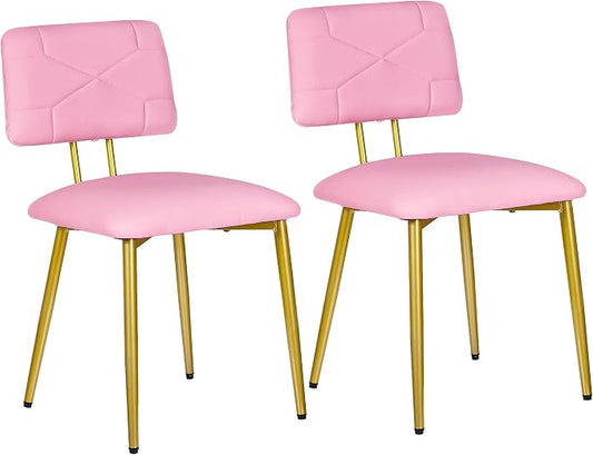 VECELO Dining Chairs Set of 2, Modern Upholstered Kitchen Chairs with Faux Leather Cushion Seat & Metal Legs for Kitchen, Living Room, Tufted Backrest Design, Pink