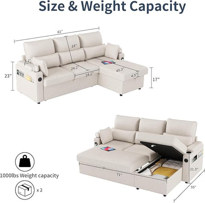 81" L-Shaped Sectional Sofa with Storage, Reversible Sleeper Sofa Couch with Chaise, Soft Fabric Upholstered Modular Couch with Cup Holder & Side Pockets, 1000lbs Capacity for Living Room