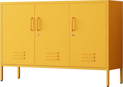 Yellow Metal Storage Cabinet 3 Door Wide Metal Storage Cabinet 2 Layer Adjustable Shelves 32 "H Wide Steel Lockable Storage Cabinet Multipurpose Metal Accent Cabinet for Office/Home/Dining