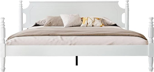 Solid Wood King Size Platform Bed Frame, A Headboard & Footboard, Under Bed Storage, 12 Strong Slats with Center Metal Legs, Anti-Noise & Slip-Free, No Box Spring Needed, Pure White Finish, ROK-39
