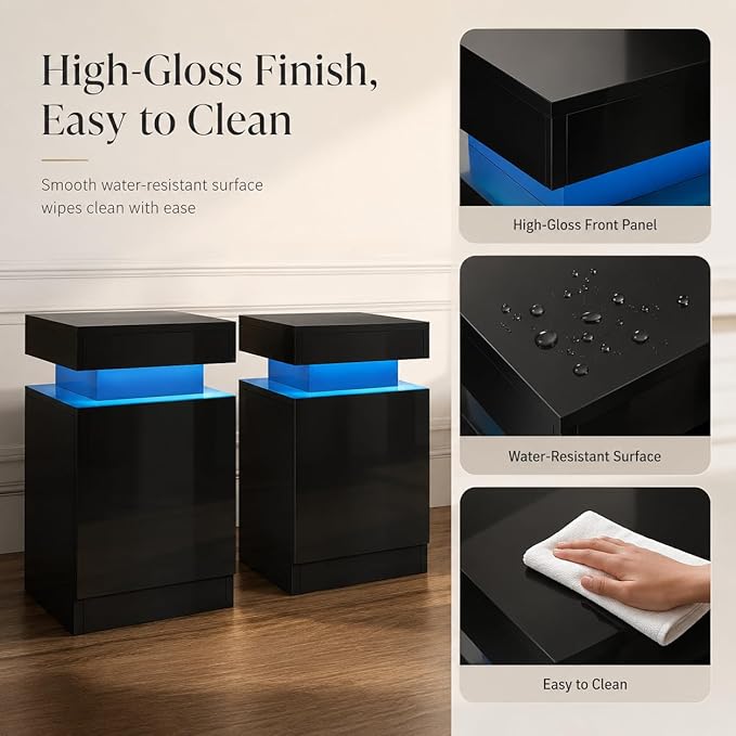 MXV Nightstand Set of 2 with LED Lights,Night Stand with Storage Cabinet for Bedroom,Bedside Table with LED (Black, 24 in Tall)