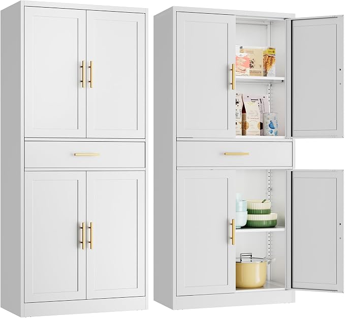 Metal Kitchen Pantry Cabinet, 71"Tall Cabinet with 1 Drawer, Doors and 2 Adjustable Shelves, Pantry Cabinets for Kitchen Storage, Metal Storage Cabinet for Kitchen, Dining Room, Living Room- White