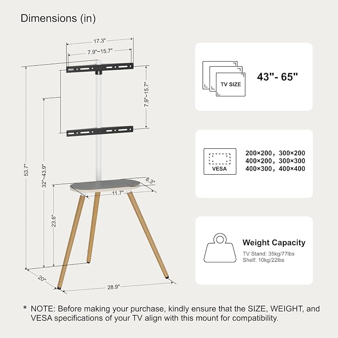 Tripod Easel TV Stand for 43–65 Inch TVs, Height Adjustable Swivel Floor Stand with Wooden Tray and Cable Management, VESA 400x400, Minimalist White