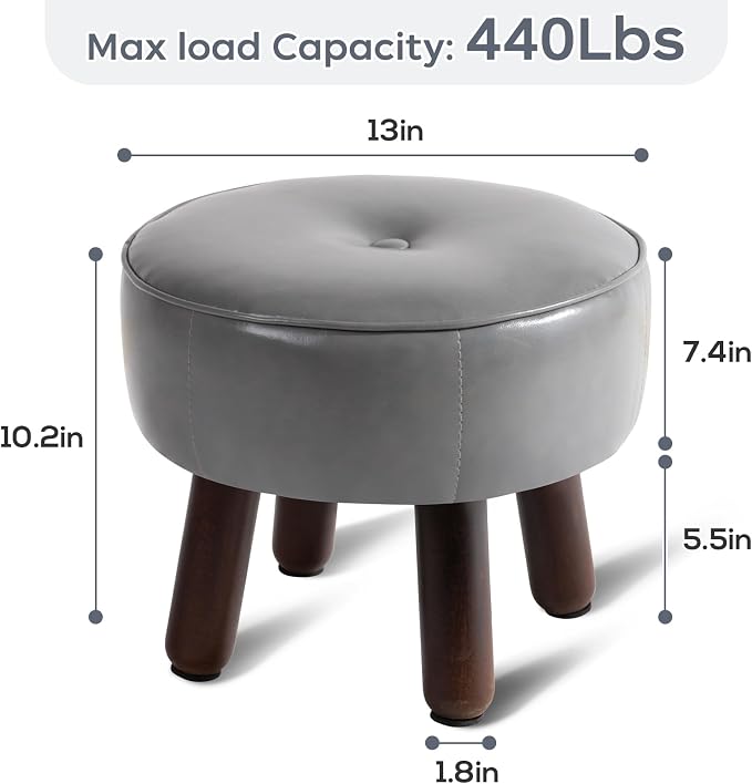 oakvivo Ottoman, Small Foot Stool, Round Leather Pouf Ottoman, 13''L x 13''W x 10.2''H Foot Rest with Non-Skid Rubber Legs for Living Room Bedroom Couch Entryway, Grey