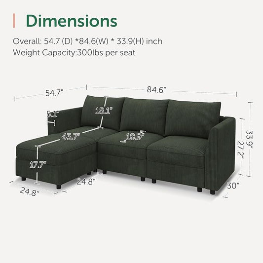 HONBAY Modular Sectional Sofa with Storage L Shaped Sectional Sofa, Convertible Couches for Living Room - Green