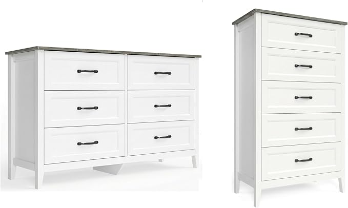 Gizoon 2-Piece Bedroom Furniture Set, Includes 44.8" H 5 Drawer Dresser and 43.3" W 6 Chest of Drawers, Modern Bedroom Dresser Set, with Smooth Rail, Metal Handles, Anti-tip Device, Grey Tabletop