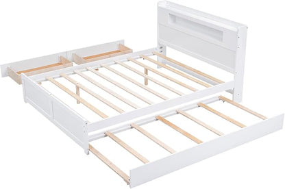 GDFStudio Queen Size Storage Bed with LED Headboard, 2 Drawers and Twin Trundle, Modern Wooden Platform Bed Frame for Bedroom Organization, No Box Spring Needed, Easy Assembly, White