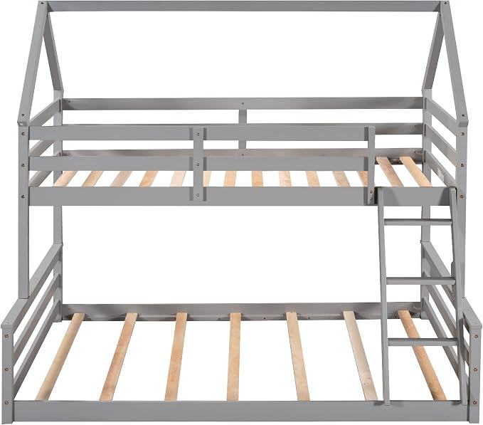 Merax House Floor Bunk Bed with Ladder Twin Over Full,Wood Low Bunk Bed for Kids Juniors, Space-Saving,No Box Spring Needed Gray