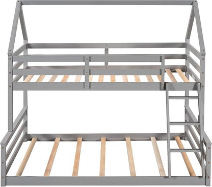Merax House Floor Bunk Bed with Ladder Twin Over Full,Wood Low Bunk Bed for Kids Juniors, Space-Saving,No Box Spring Needed Gray