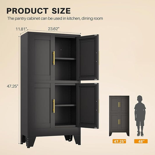 winiowa 47" Tall Kitchen Pantry Cabinet, Metal Storage Cabinet with Doors and Adjustable Shelves, Black Freestanding Pantry Cabinet for Kitchen, Dining Room, Living Room, Laundry Room, Bathroom
