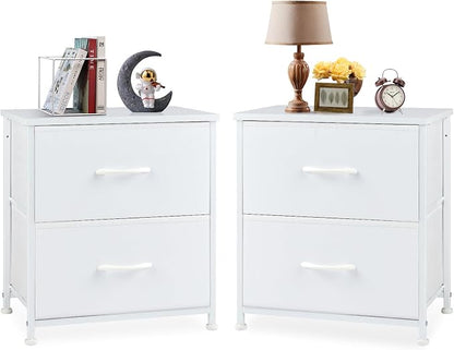 DUMOS Nightstand Set of 2, Small Dresser with 2 Fabric Drawers, End Table | Bedroom Kids Bedside Storage Furniture for 25 inch Tall Night Stand, Dorm, White