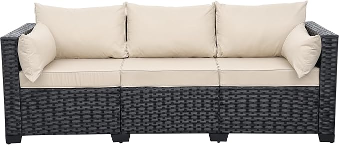 Rattaner Patio Furniture 3-seat Sofa Wicker Outdoor Furniture Outdoor Couch Deep Seat Hight Backrest Waterproof Cover Anti-Slip Cushions, Khaki