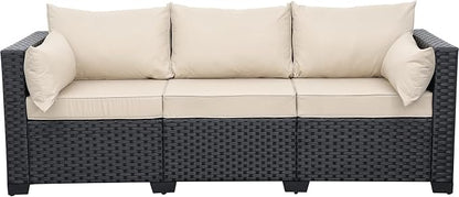 Rattaner Patio Furniture 3-seat Sofa Wicker Outdoor Furniture Outdoor Couch Deep Seat Hight Backrest Waterproof Cover Anti-Slip Cushions, Khaki