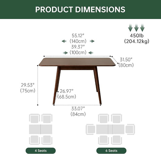 39’’-55’’ 100% Oak Extendable Dining Table, Solid Wood Folding Kitchen Table, Mid Century Modern Dinner Table for Kitchen, Apartment, Living Room (39''-55'' Walnut)
