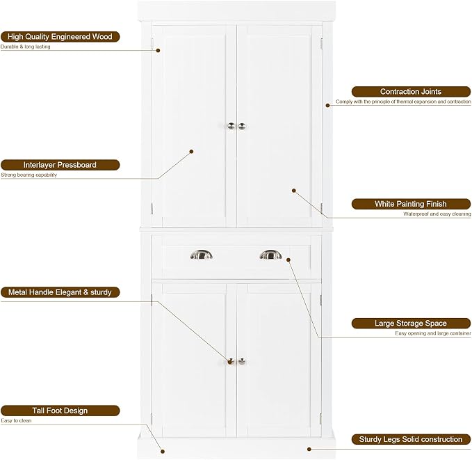 VINGLI 71-Inch White Storage Cabinets with Drawers, Freestanding Pantry Cabinets with Doors and Shelves Adjustable, Wood Farmhouse Kitchen Pantry Cupboard