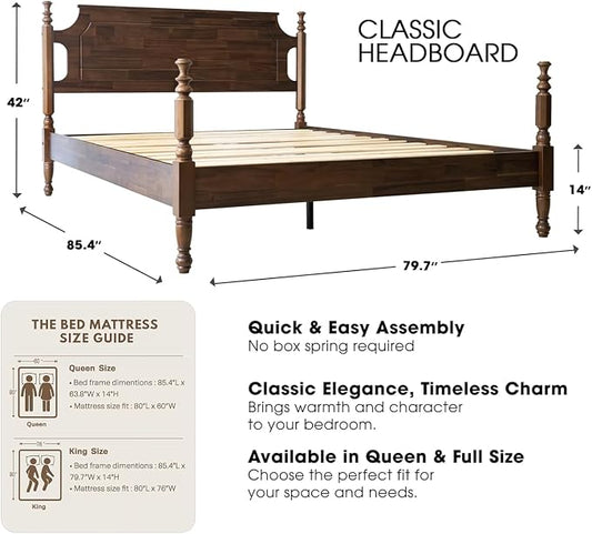 Solid Wood King SizePlatform Bed Frame with Headboard & Footboard, Center Metal Legs, 12 Sturdy Slats Base, Easy Assembly, No Box Spring Needed, Anti-Noise & Slip-Free, Walnut Finish, ROK-37