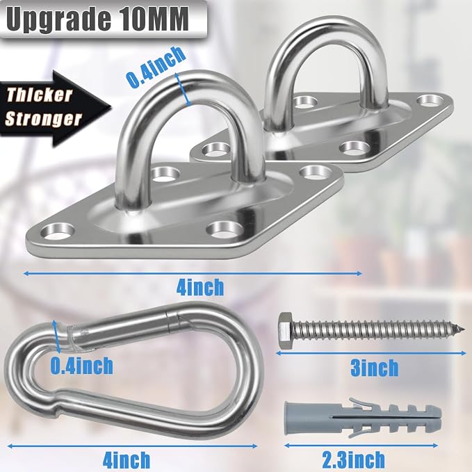 Hammock Hooks Heavy Duty, 1700lbs Capacity Hammock Hanging Kit, 2pcs 10MM 304 Stainless Steel Pad Eye Hooks for Porch Swing Hanging, Hammock Chair, Wall Ceiling Mount Hanger Indoor & Outdoor (Silver)