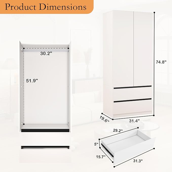 Armoire Wardrobe Closet with Drawers：75" Large White Wardrobe Closet Cabinet with 6 Doors for Hanging Clothes, Modern Wooden Bedroom Armoires with 7 Drawers and Storage (A+B+A, 94.5")