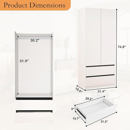 Armoire Wardrobe Closet with Drawers：75" Large White Wardrobe Closet Cabinet with 6 Doors for Hanging Clothes, Modern Wooden Bedroom Armoires with 7 Drawers and Storage (A+B+A, 94.5")