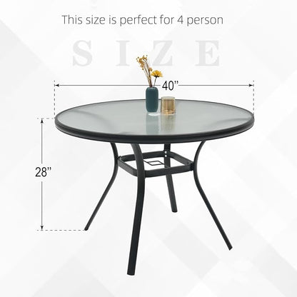 Outdoor Patio Set, 40"x 40"x 28" Round Glass Dining Table and 4pcs Swivel Chairs, All-Weather Patio Furniture Set with 1.7" Umbrella Hole for Garden Backyard Lawn Poolside