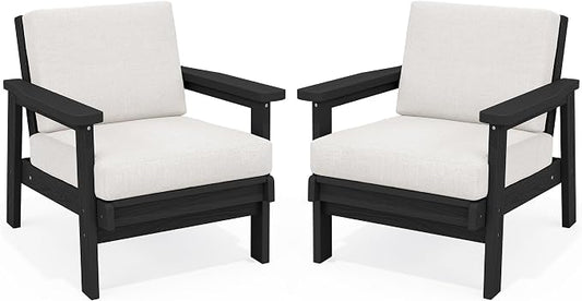 SERWALL HDPE Outdoor Couch Set of 2, All-Weather Wood-Like Patio Furniture Set, Black Outdoor Sofa Chairs with Khaki Cushions