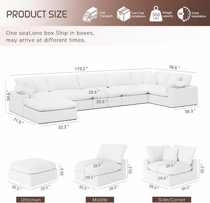 Cloud Modular Sectional Sofa,Oversize Down Filled Sofa 6 Seat with Chaise,Minimalist Sofa Cover Washable and Replaceable Couches for Living Room,Sectional Sofa Deep Seat