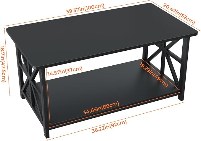 GreenForest Coffee Table for Living Room with Round Corners | Rustic Style Center Table with Storage Shelf,39 Inch X-Frame Sofa Table,Space Saving,Easy Assembly,Black