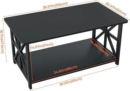 GreenForest Coffee Table for Living Room with Round Corners | Rustic Style Center Table with Storage Shelf,39 Inch X-Frame Sofa Table,Space Saving,Easy Assembly,Black