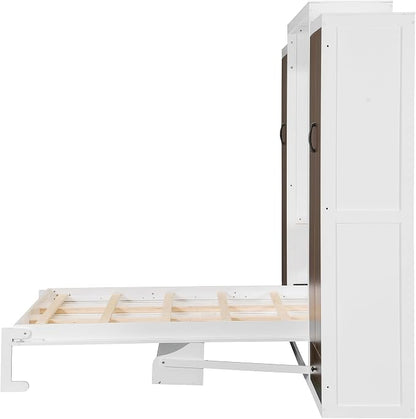 Queen Murphy Bed with Storage Wardrobes, Drawers and Drop-Down Desk | Space-saving wall bed with top LED lights, 500 lbs capacity and recommended 8-inch mattress fit for guest rooms or offices
