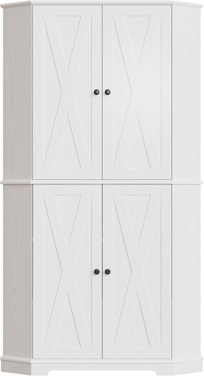 IRONCK Corner Cabinet, 72" H Kitchen Pantry Storage Cabinet, 4 Barn Doors with Storage Rack, 4 Adjustable Shelves, 6-Tier Tall Food Pantry Cabinet, Farmhouse Hutch for Kitchen Dining Room, White