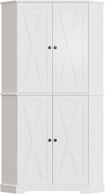 IRONCK Corner Cabinet, 72" H Kitchen Pantry Storage Cabinet, 4 Barn Doors with Storage Rack, 4 Adjustable Shelves, 6-Tier Tall Food Pantry Cabinet, Farmhouse Hutch for Kitchen Dining Room, White