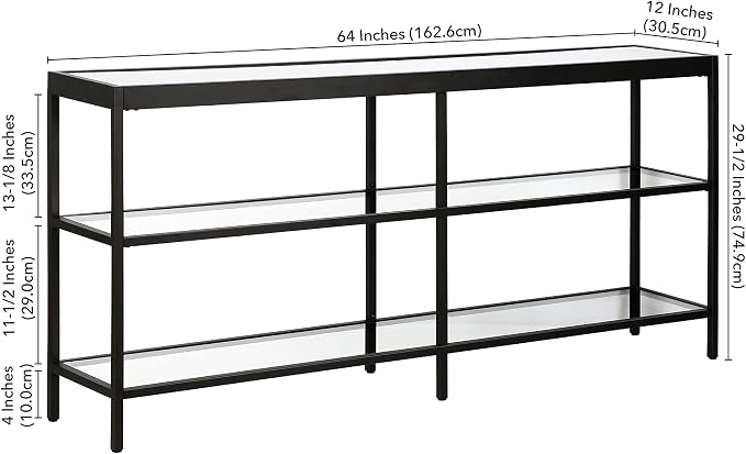 Henn&Hart 64" Wide Rectangular Console Table in Blackened Bronze, Entryway Table, Accent Table for Living Room, Hallway | Open lower shelves adds practical storage while the glass design keeps spaces feeling bright for living rooms or entryways