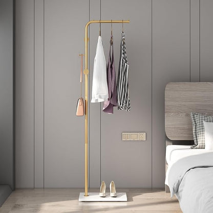 TIEOU Gold Coat Racks, Metal Coat Racks Freestanding with Crossbar and 3 Hooks, Modern Coat Hanger with Marble Base, L Shaped Coat Stand for Entryway, Bedroom, Living Room, Office