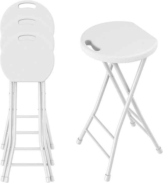 24 Inch Folding Stool Set of 4, Portable Metal Foldable Stool with Handle & Non-Slip Feet, Sturdy 440lbs Capacity High Stool for Kitchen, Camping, Fishing, White