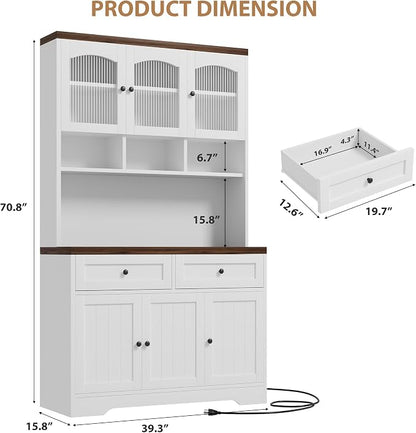 Garvee 71" Pantry Cabinet with Charging Station, Tall Kitchen Pantry Storage Cabinet with Microwave Stand, Farmhouse Kitchen Hutch with Storage Drawers for Living Room, Dining Room, White