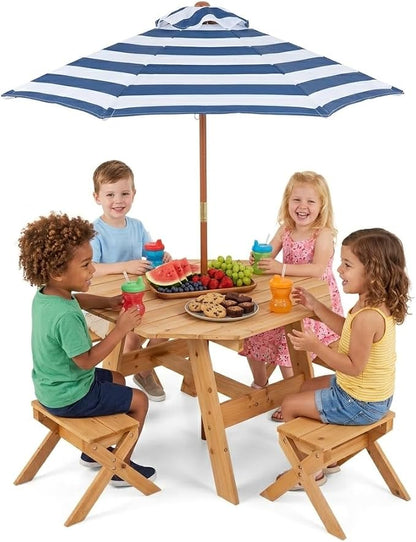 Costzon Kids Picnic Table, Fir Wood Octagon Kids Table and Chair Set with Removable Umbrella, Toddler Activity Table for Backyard, Garden, Patio, Kids Outdoor Furniture for Boys Girls (Natural)
