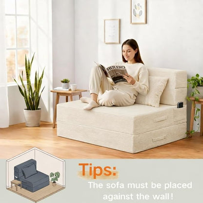 Folding Sofa Bed, 4 in 1 Convertible Sleeper Chair with Pillow, Twin Memory Foam Fold Out Chair Bed, Modern Floor Futon Sofa Couch Mattress for Living Room/Guest/Apartment, Beige