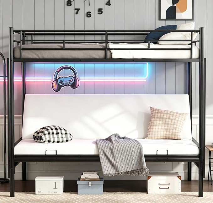 Bellemave Twin Over Futon bunk Bed, loft beds with futon, Twin Over Full Futon bunk beds, Black