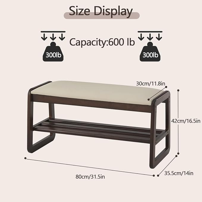 Achicsofar Shoe Rack Bench,2 Tier Solid Wooden Entryway Bench with Shoe Storage, Shoe Rack with Cushion for Living Room, Hallway(Pu Beige, 31.5")