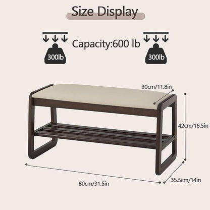 Achicsofar Shoe Rack Bench,2 Tier Solid Wooden Entryway Bench with Shoe Storage, Shoe Rack with Cushion for Living Room, Hallway(Pu Beige, 31.5")
