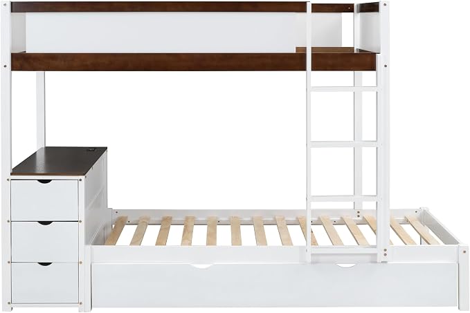 Ball & Cast Twin-Over-Twin Bunk Bed with Twin Size Trundle,Solid Wood Bedframe W/Desk & Drawers,USB,Space Saving,Easy Assembly,Multifunctional Bedroom Furniture Set for Boys Girls Teens,White+Walnut