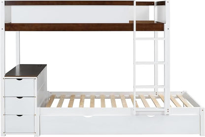Ball & Cast Twin-Over-Twin Bunk Bed with Twin Size Trundle,Solid Wood Bedframe W/Desk & Drawers,USB,Space Saving,Easy Assembly,Multifunctional Bedroom Furniture Set for Boys Girls Teens,White+Walnut