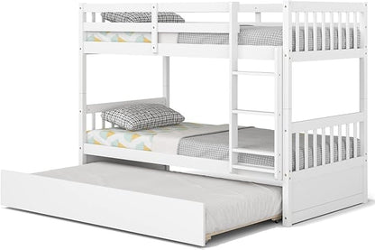KOMFOTT Wood Twin Over Twin Bunk Bed with Trundle, Solid Pine Wood Bunk Bed Frame with Ladder & Safety Guardrails, Space-Saving Convertible Twin Bed Frame for Home & Dormitory, No Box Spring Needed