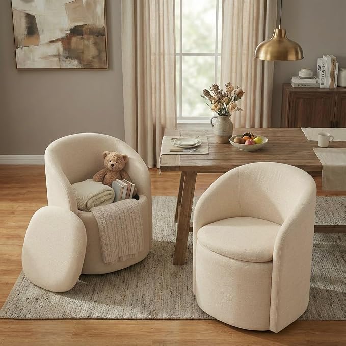 KISLOT Upholstered Dining Chairs with Casters, No Assembly Rolling Modern Dining Room Chairs with Hidden Storage & Barrel Backrest, Accent Chair for Bedroom, Living Room, Dressing, Sand, Set of 4